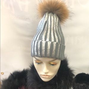 Metallic Striped Knit Hats with Removable Fur poms